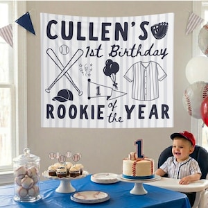 Sfondo per il primo compleanno con la scritta "Rookie of the Year", striscione di baseball "Rookie of the Year", sfondo personalizzato con il nome del compleanno.
