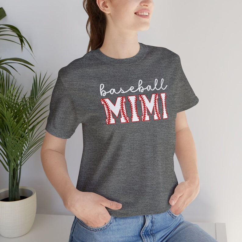 Baseball Mimi Shirt Mimi Tshirt Personalized Sleeve with Baseball Player's Name Custom Tshirt Gift for Mimi Gift Game Day Baseball Gift shown in deep heather