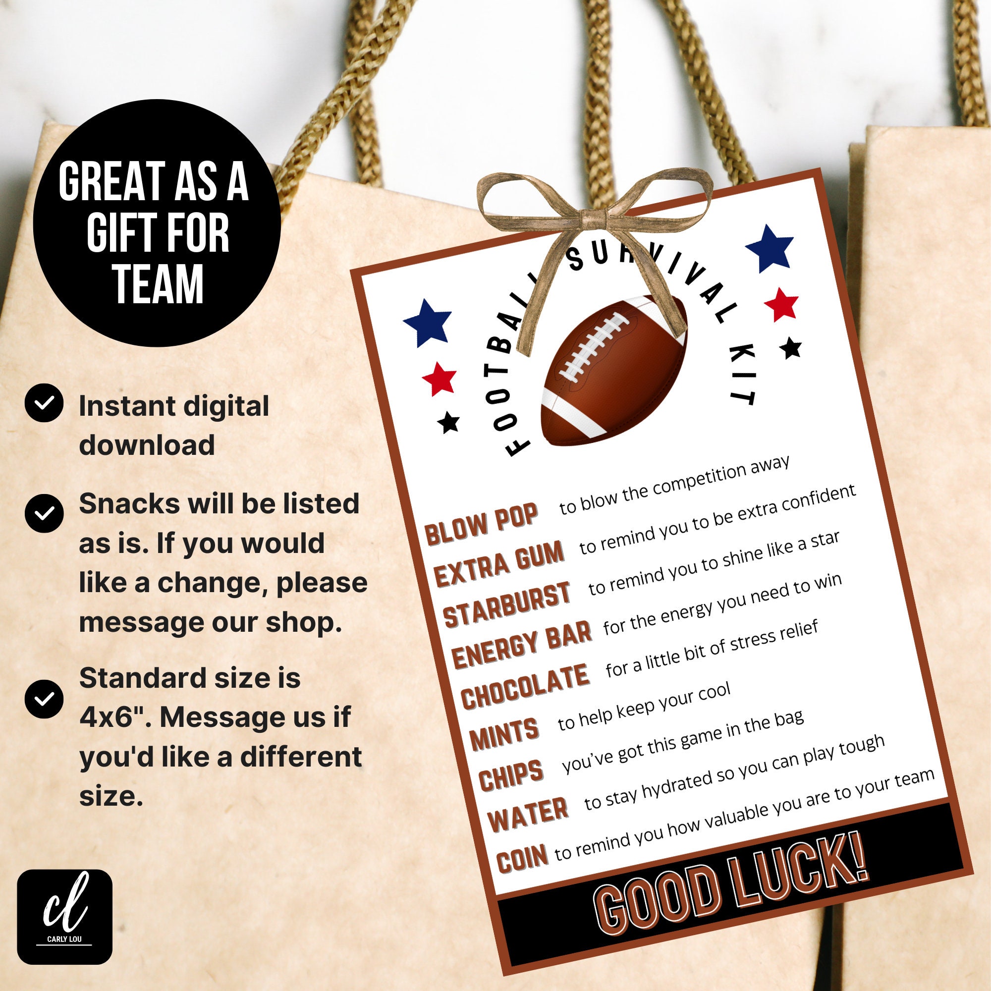 Survival Kit Football Bag Tag Printable Good Luck Gift Football Team ...