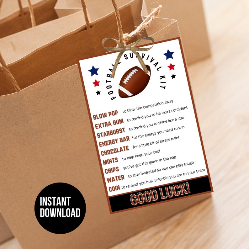 Survival Kit Football Bag Tag Printable Good Luck Gift Football Team ...