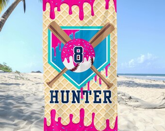 Baseball Drip Gifts Custom Beach Towel Baseball Ice Cream Drip Towel Baseball Drip Party Boys Beach Towel Birthday Gift Ice Cream Sprinkles
