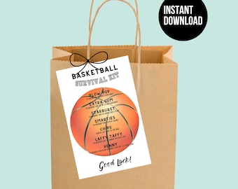 May include: A brown paper bag with a white tag that says "Basketball Survival Kit" with a basketball graphic and a list of items: Blow Pop, Extra Gum, Starburst, Smarties, Chips, Laffy Taffy, Penny. The tag also says "Good Luck!"