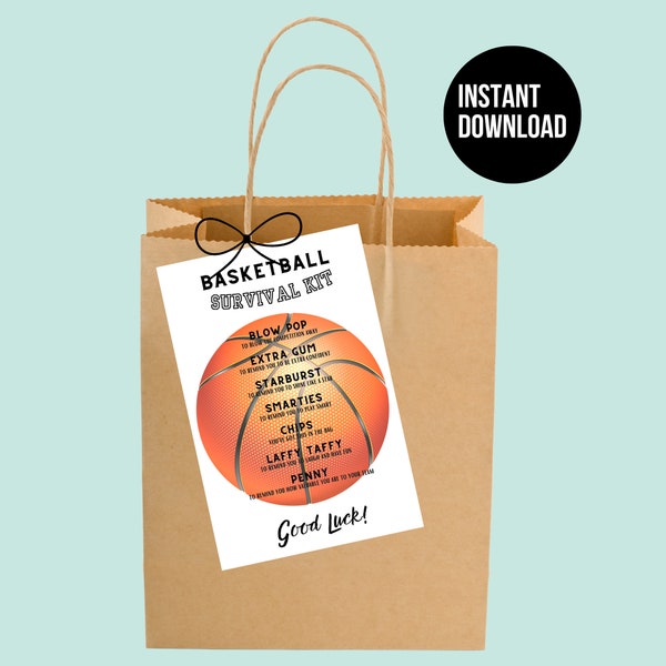 Instant Download Basketball Survival Kit Bag Tag Printable | Basketball Team Gift Tag | Basketball Gifts for Team | Tournament Printable Tag