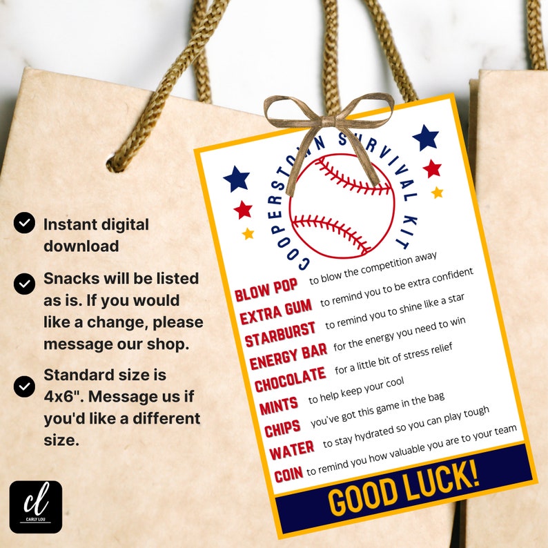 Cooperstown Survival Kit Bag Tag Printable Good Luck Tags Baseball Team Gifts Baseball Gifts Baseball Printable Tag Good Luck Gift Tags