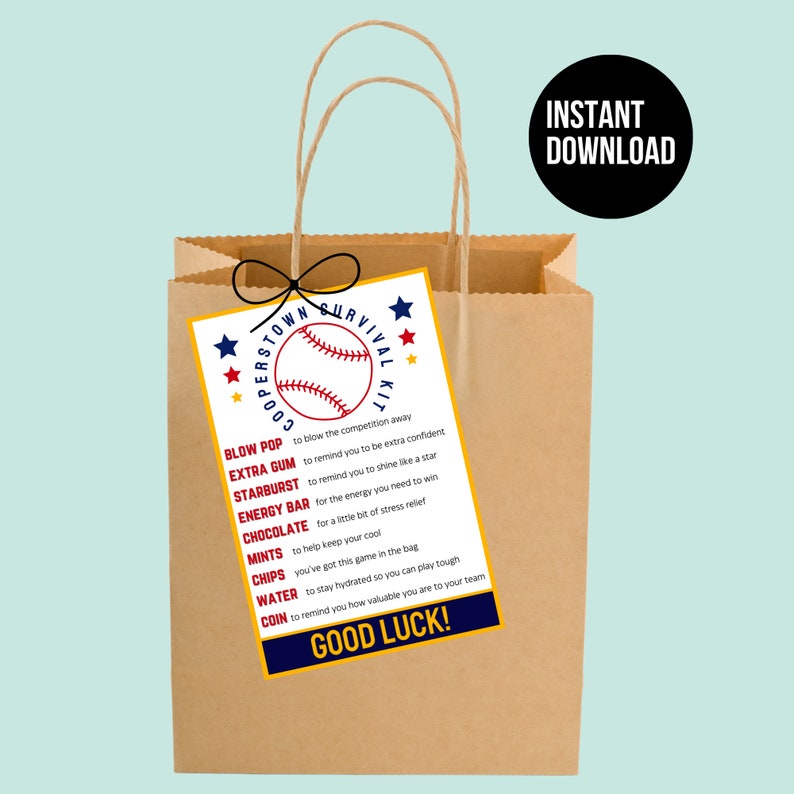 Cooperstown Survival Kit Bag Tag Printable Good Luck Tags Baseball Team Gifts Baseball Gifts Baseball Printable Tag Good Luck Gift Tags