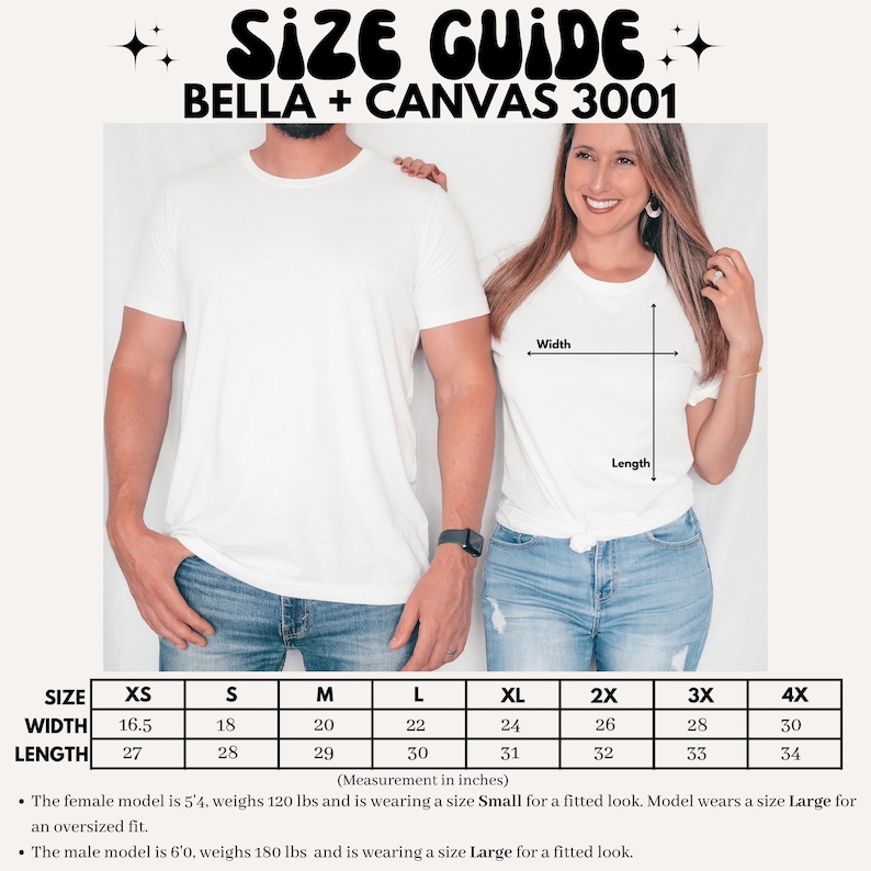 K&ouml;nnte beinhalten: Ein Gr&ouml;&szlig;enleitfaden f&uuml;r Bella + Canvas 3001 T-Shirts. Der Leitfaden enth&auml;lt Ma&szlig;e in Zoll f&uuml;r Breite und L&auml;nge, von XS bis 4X. Das Bild zeigt einen Mann und eine Frau, die wei&szlig;e T-Shirts tragen. Der Text enth&auml;lt auch Informationen zur Modellgr&ouml;&szlig;e.
