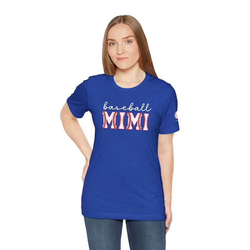 Baseball Mimi Shirt Mimi Tshirt Personalized Sleeve with Baseball Player's Name Custom Tshirt Gift for Mimi Gift Game Day Baseball Gift shown in true royal