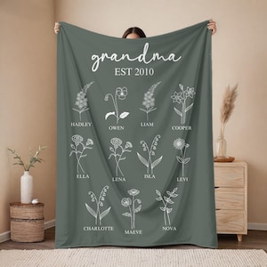 Birthflower Gift Custom Birth Flower Blanket Grandma Garden Throw Blanket for Grandma Family Keepsake Gift Birth Flower Decor Grandkids Name