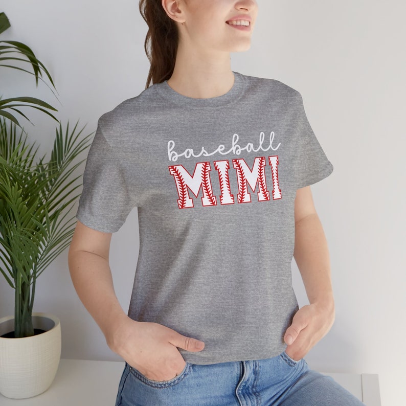 Baseball Mimi Shirt Mimi Tshirt Personalized Sleeve with Baseball Player's Name Custom Tshirt Gift for Mimi Gift Game Day Baseball Gift shown in athletic heather