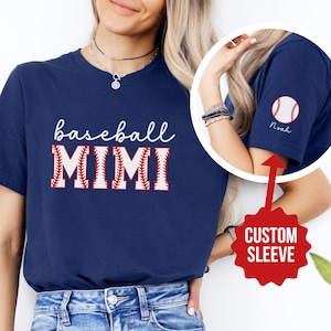 Baseball Mimi Shirt Mimi Tshirt Personalized Sleeve with Baseball Player's Name Custom Tshirt Gift for Mimi Gift Game Day Baseball Gift shown in navy