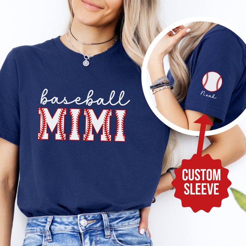 Baseball Mimi Shirt Mimi Tshirt Personalized Sleeve with Baseball Player's Name Custom Tshirt Gift for Mimi Gift Game Day Baseball Gift shown in navy