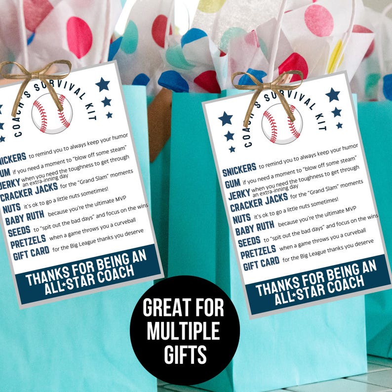 Baseball coach thank you gift printable with DIY treat bag tags great for multiple gifts