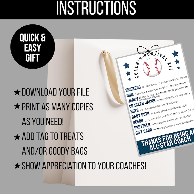 Printable baseball coach bag tags designed for team thank-you gifts