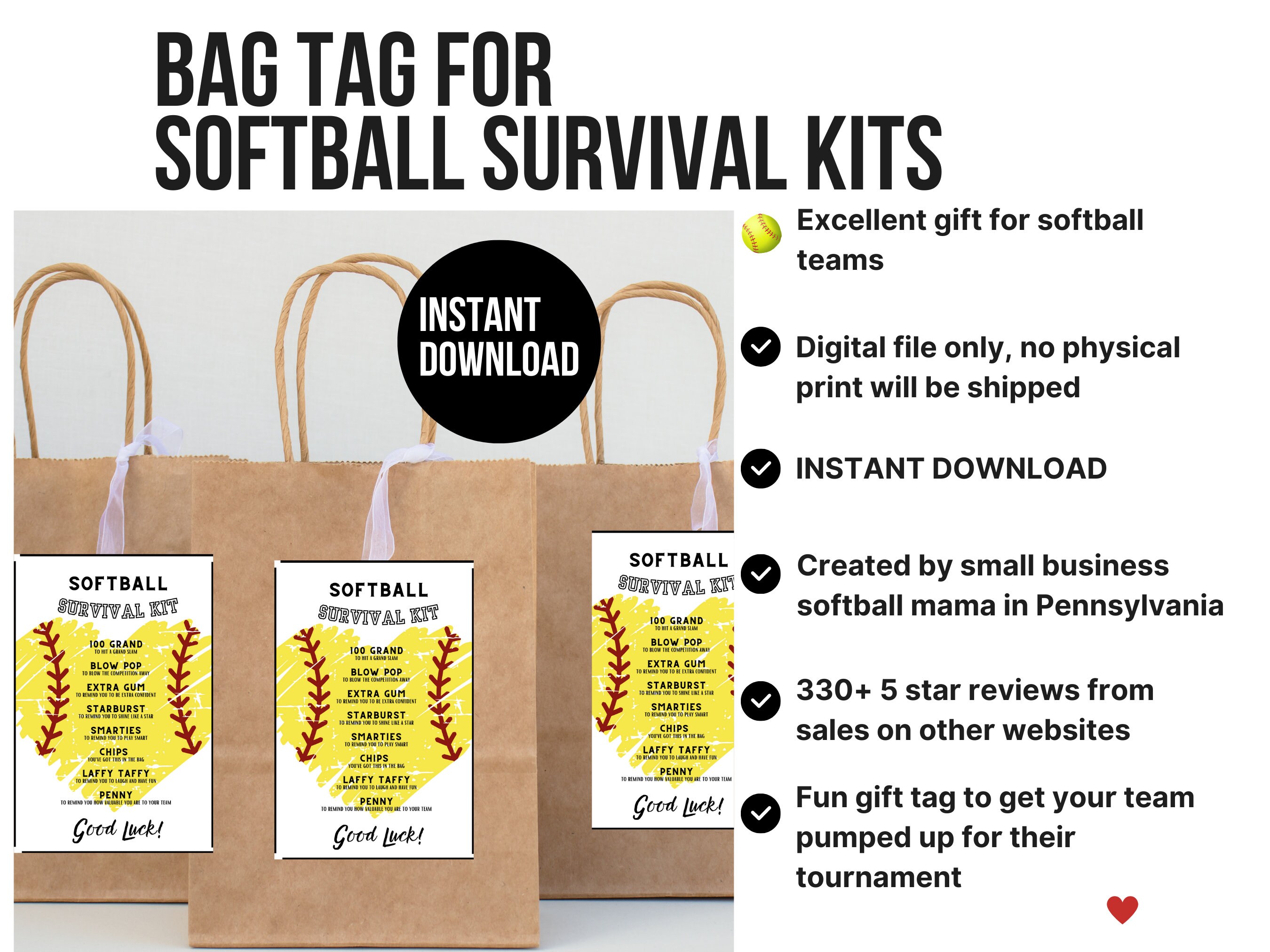 Instant Download Softball Survival Kit Bag Tag Printable Softball Team