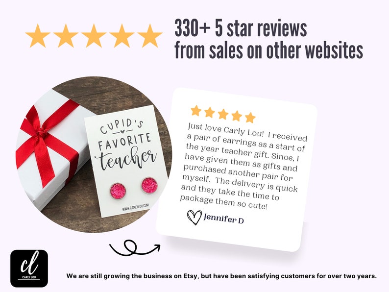 May include: Pink glitter earrings with the text "Cupid's Favorite Teacher" on a white card. The earrings are packaged in a white gift box with a red ribbon. The image also includes a customer review with five stars and a testimonial.