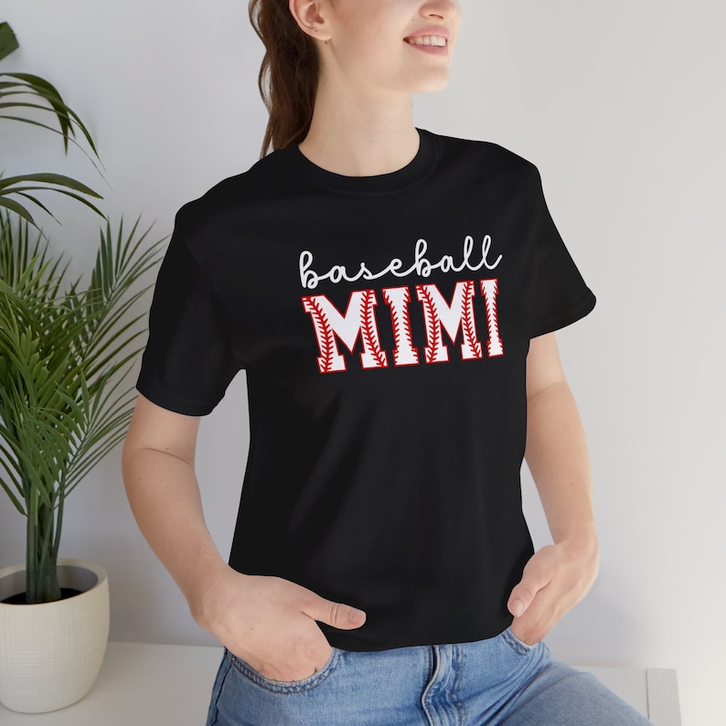 Baseball Mimi Shirt Mimi Tshirt Personalized Sleeve with Baseball Player's Name Custom Tshirt Gift for Mimi Gift Game Day Baseball Gift shown in black