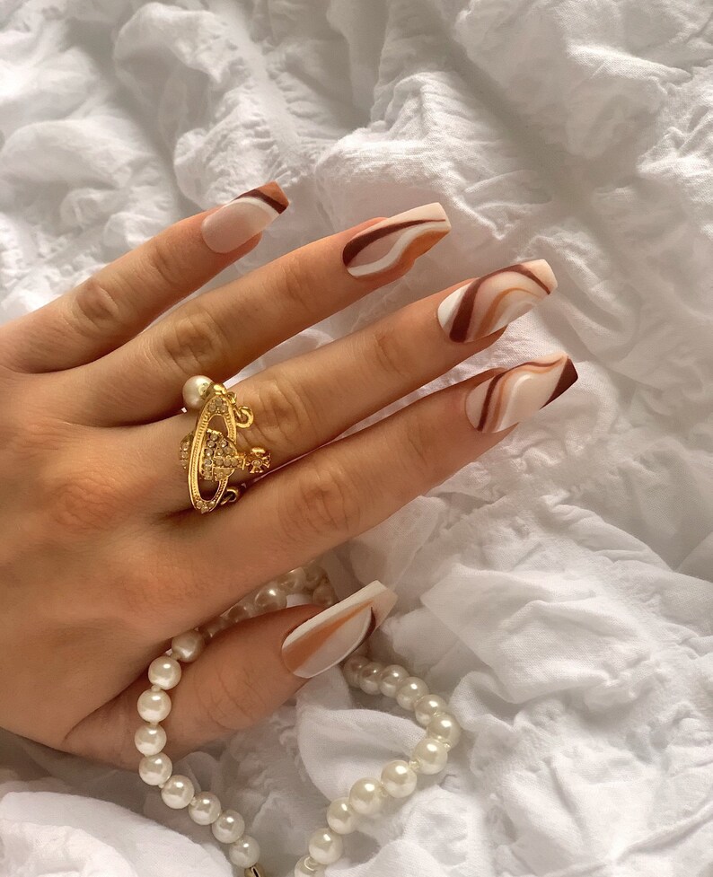 MATTE BROWN Press On Nails Abstract Dark Brown Swirl Etsy