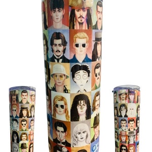 May include: Three stainless steel tumblers with a colorful collage of celebrity faces printed on them. The tumblers are all different sizes and have a clear lid.