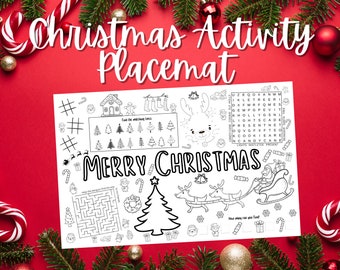 Può includere: Un'elegante tovaglietta natalizia bianca con disegni a tratto nero di immagini e giochi a tema natalizio, tra cui un cruciverba e un labirinto. Le parole "Christmas Activity Placemat" e "Merry Christmas" sono visualizzate.