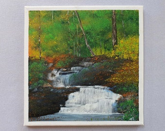 Waterfall Painting, Original Acrylic Painting On Canvas, Waterfall Forest Painting, Landscape Wall Art, Nature Wall Decor