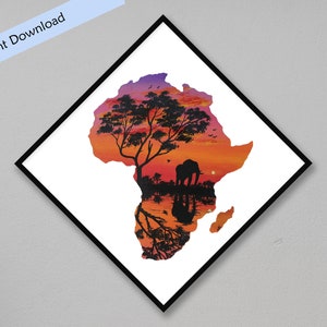 印刷可能なアフリカのシルエット絵画、二重露光デジタルプリント、象のシルエットアート、日没の壁装飾