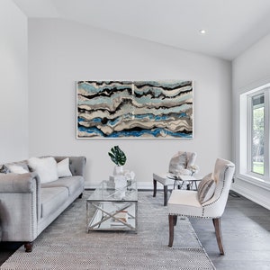 Large luxury art painting | Glass | Epoxy | Blue Silver Black | Abstract Art
