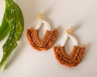 Macrame Earrings: Freshwater Pearl Frame, Mustard Boho Style