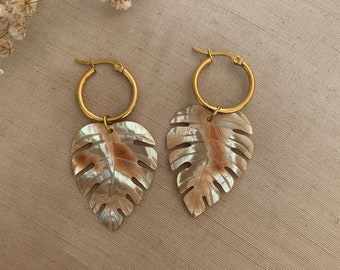 Handmade Mother of Pearl Monstera Leaf Earrings: Stainless Steel | Fast Shipping