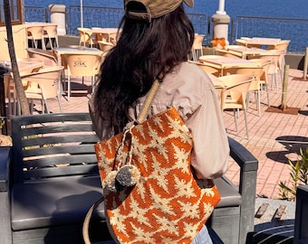 Handwoven Ticog Grass Backpack: Filipino Artisan Orange  Bag