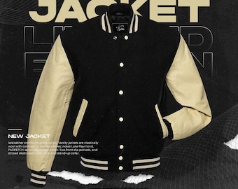 Unisex Varsity Wool Bomber With Leather Sleeves, Stand up Collared, Front Button Detail, College Jacket for Men and Women, Ribbed Cuff - Etsy Unisex Varsity Wool Bomber With Leather Sleeves, Stand up Collared, Front Button Detail, College Jacket for Men and Women, Ribbed Cuff - Etsy