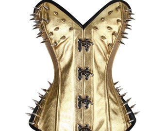 Steel Boned corset~ Handmade~ Overbust corset/Plus size~ Waist Training Corset/Gold Leather Corset