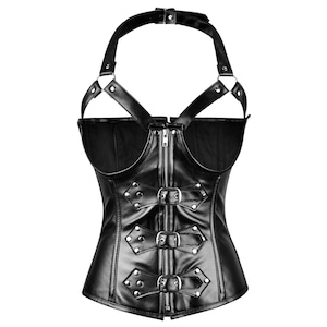 May include: A black faux leather corset featuring a halter neck strap, a front zipper closure, and three horizontal decorative straps with silver-toned metal buckles and studs. The garment has an open-top design with structured side panels.