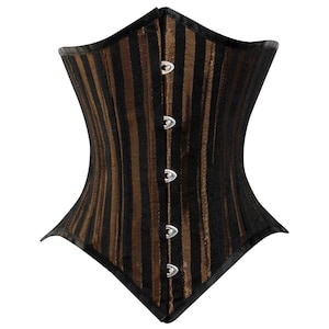 May include: A black and brown striped corset with a satin finish and metal clasps.