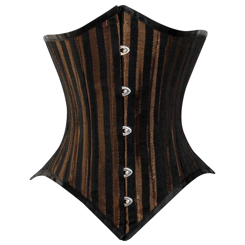 May include: A black and brown striped corset with a satin finish and metal clasps.