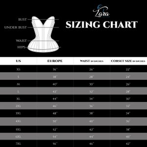 May include: Sizing chart for corsets, showing US and European sizes, waist measurements in inches, and corresponding corset sizes in inches.