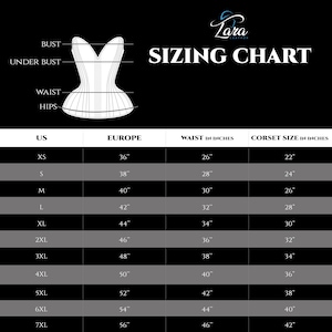 May include: Sizing chart for corsets, showing US and European sizes, waist measurements in inches, and corresponding corset sizes in inches.