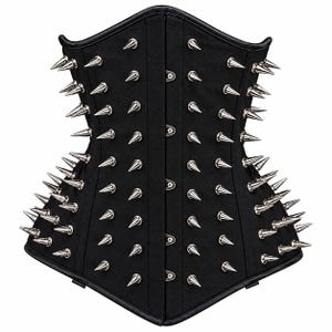 May include: A black corset featuring a structured design with numerous silver-toned metal spikes arranged in vertical rows across the front. The garment has a central front closure with visible metal fasteners and a reinforced black trim along the edges.