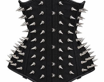 Black Spiked Steel Boned Underbust Corset, Gothic Punk Bodice, Lace-Up Waist Trainer