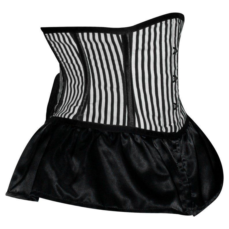 May include: A black and white striped corset with a black satin ruffle at the bottom.