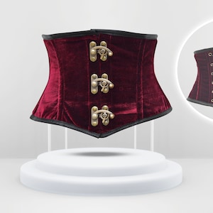 Antique Red Velvet Steel Boned Corset Shaper for Waist Training and Cosplay Back Drawstring Cincher Lace Up Curved Hem for Women Gift