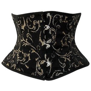 May include: Black corset with a gold floral pattern and silver metal clasps.