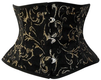 Puede incluir: Corsé negro con estampado floral dorado y cierres de metal plateado.