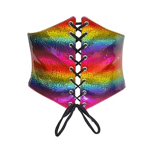 Rainbow Glitter PVC Corset Belt Lace Up Waist Trainer Elastic Shaper Antique Handmade Pride Medieval Pirate Plus Size Faja