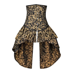 May include: A black and gold corset featuring a detailed damask pattern, a front busk closure with metal clasps, and a high-low hemline with two layers of ruffled fabric extending from the waist down to the lower back section.