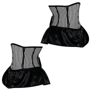 May include: Two black and white striped corsets with black satin ruffles at the bottom.