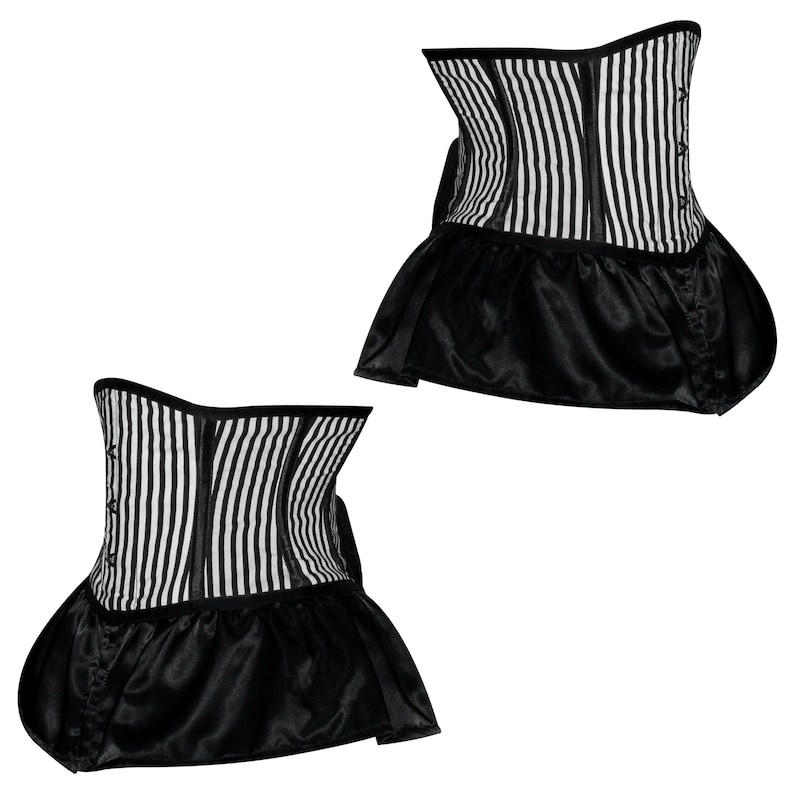 May include: Two black and white striped corsets with black satin ruffles at the bottom.