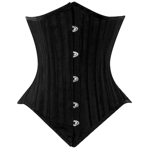 May include: Black corset with a steel busk closure and five rows of metal hooks and eyes. The corset has a pointed bottom and is made of a ribbed fabric.