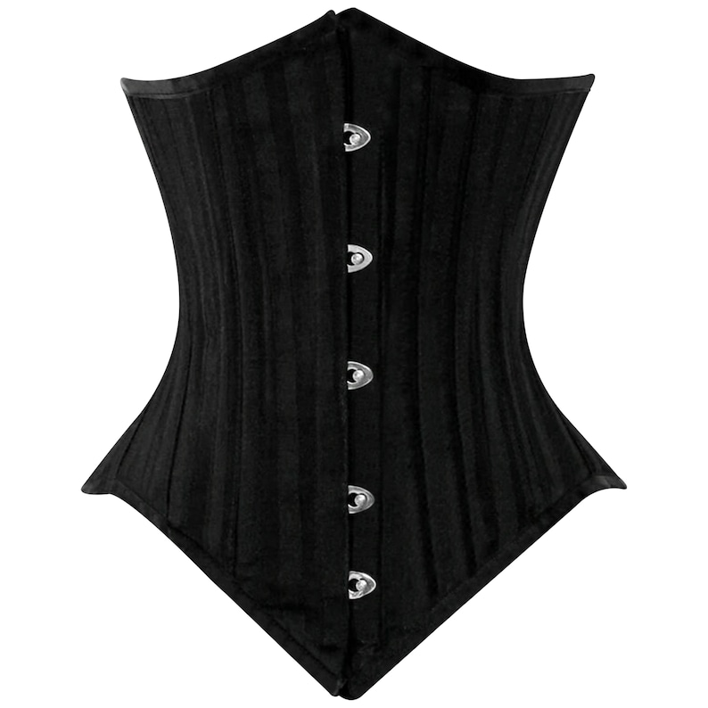 May include: Black corset with a steel busk closure and five rows of metal hooks and eyes. The corset has a pointed bottom and is made of a ribbed fabric.