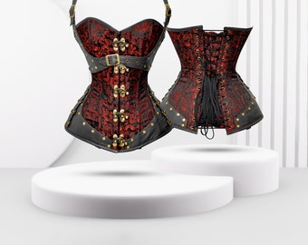 Embroidered Floral Overbust Corset with Halter Neck and Steel Boning – Gothic Renaissance Style