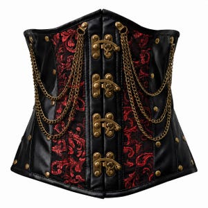 Pode incluir: Um espartilho preto e vermelho com padrão damasco, painéis verticais de couro sintético preto e quatro fechos de metal em tom de latão antigo ao centro. A peça é adornada com correntes decorativas em tom de latão e pequenos rebites metálicos.